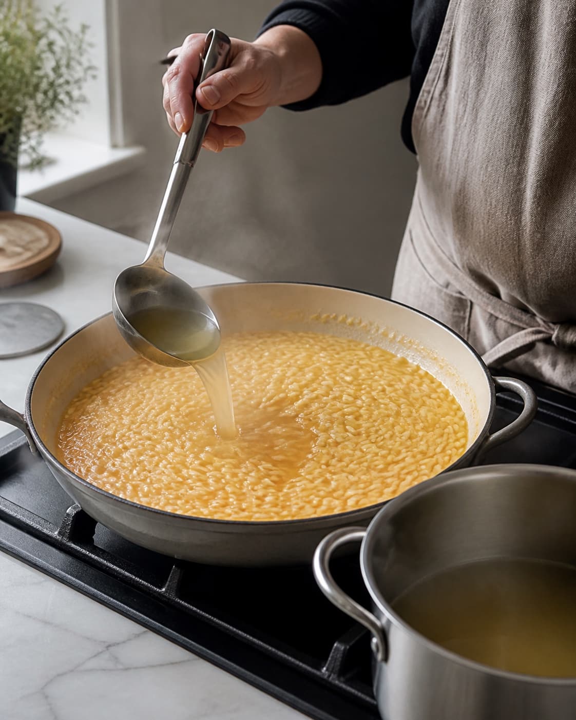 Varm fond øses gradvist i risformet orzo, som bliver cremet omkring små pastakorn