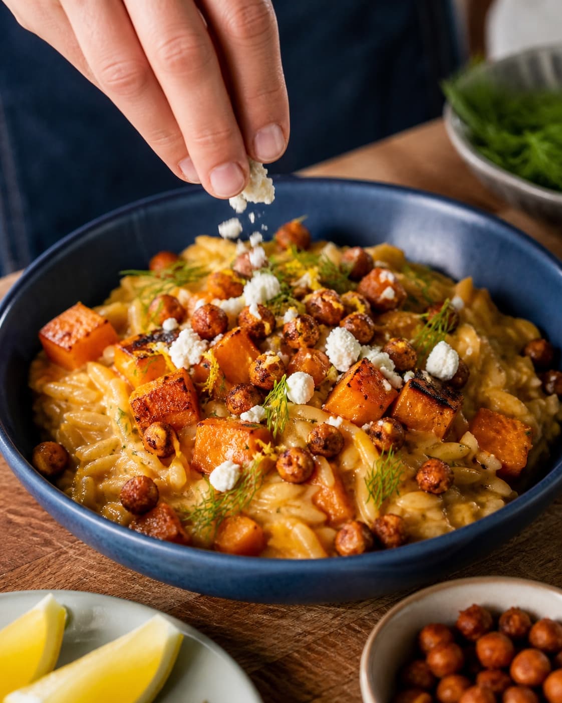 Cremet risformet orzotto toppes med sprøde kikærter, hokkaido, feta og dild