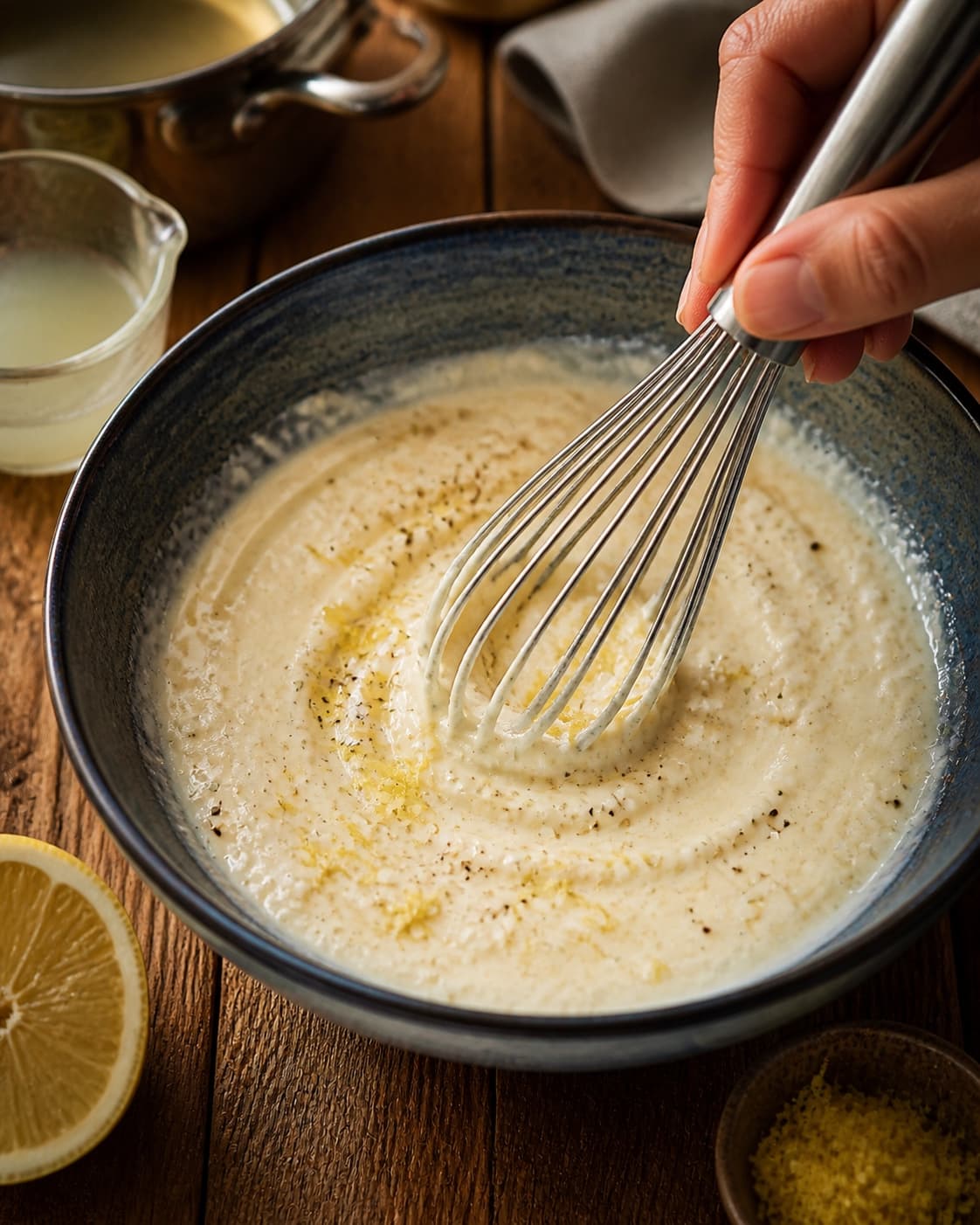 Ricotta piskes med citron, ost og varmt pastavand til en glat hældbar emulsion