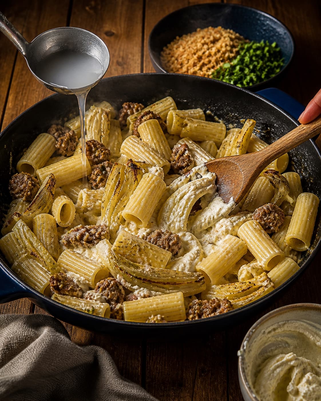 Rigatoni vendes med salsiccia og fennikel og emulgeres væk fra varme med citronricotta