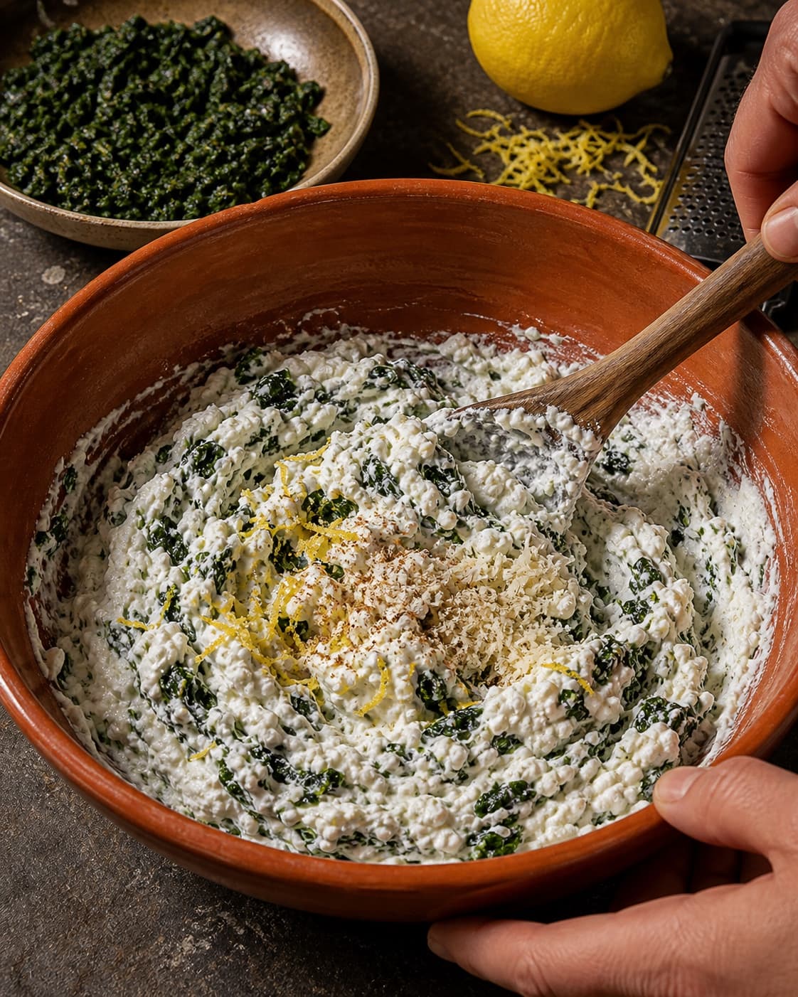 Tør udpresset spinat foldes med ricotta, citron, muskat og lagret ost