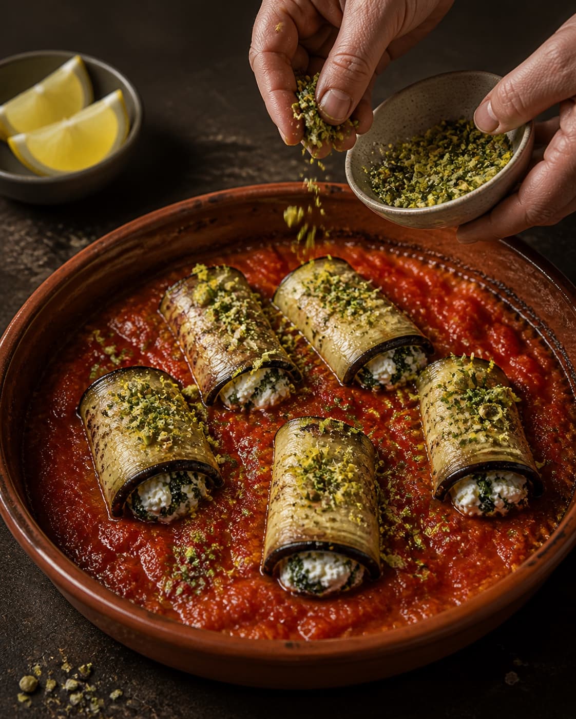 Bagte aubergineinvoltini i rød peberfrugtsauce afsluttes med pistacie-citrongremolata