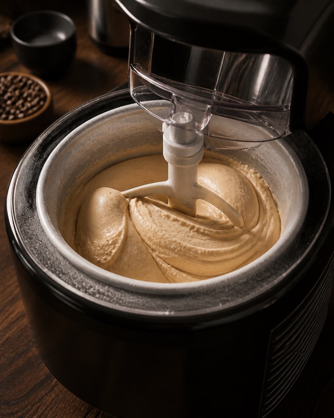 Fuldt kold kaffegelatobase kærnes i ismaskine til glatte tykke softicefolder