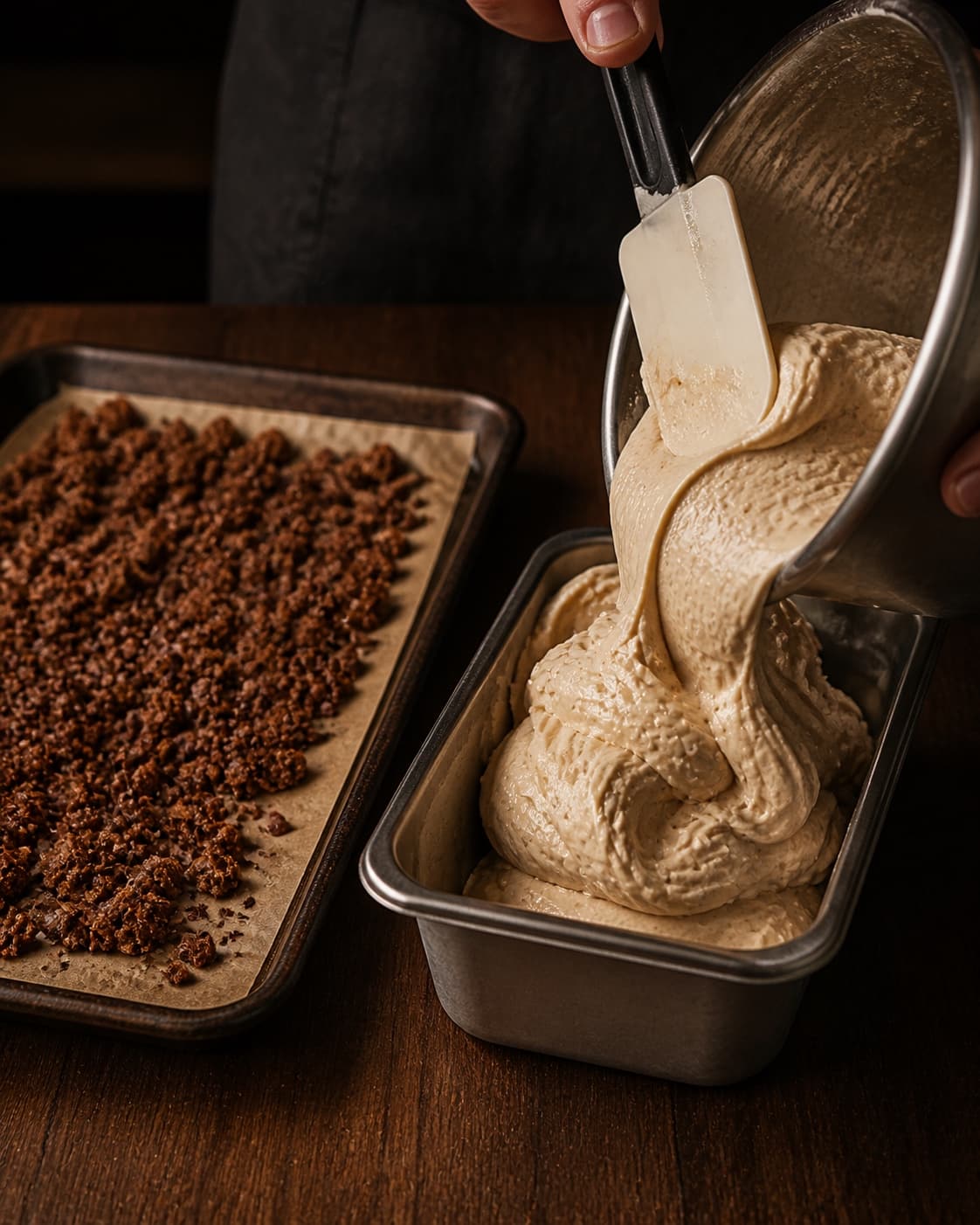Kakaorugknas køles helt, mens nykærnet kaffegelato pakkes i kold metalbeholder