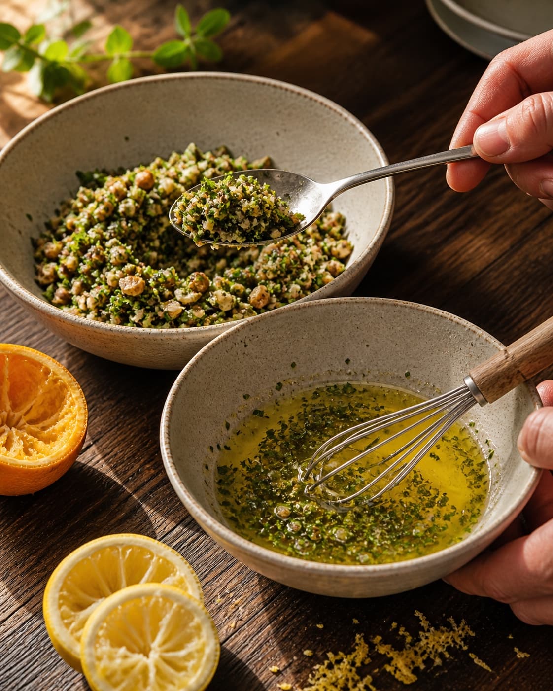 Mandler, urter, kapers og citron hakkes groft, og halvdelen piskes i citrusdressing