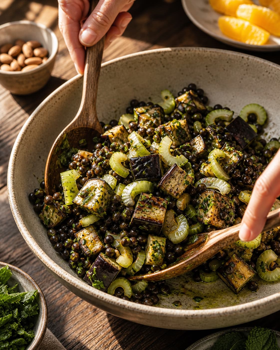 Varme belugalinser og aubergine vendes med citrusdressing før selleri og appelsin foldes i