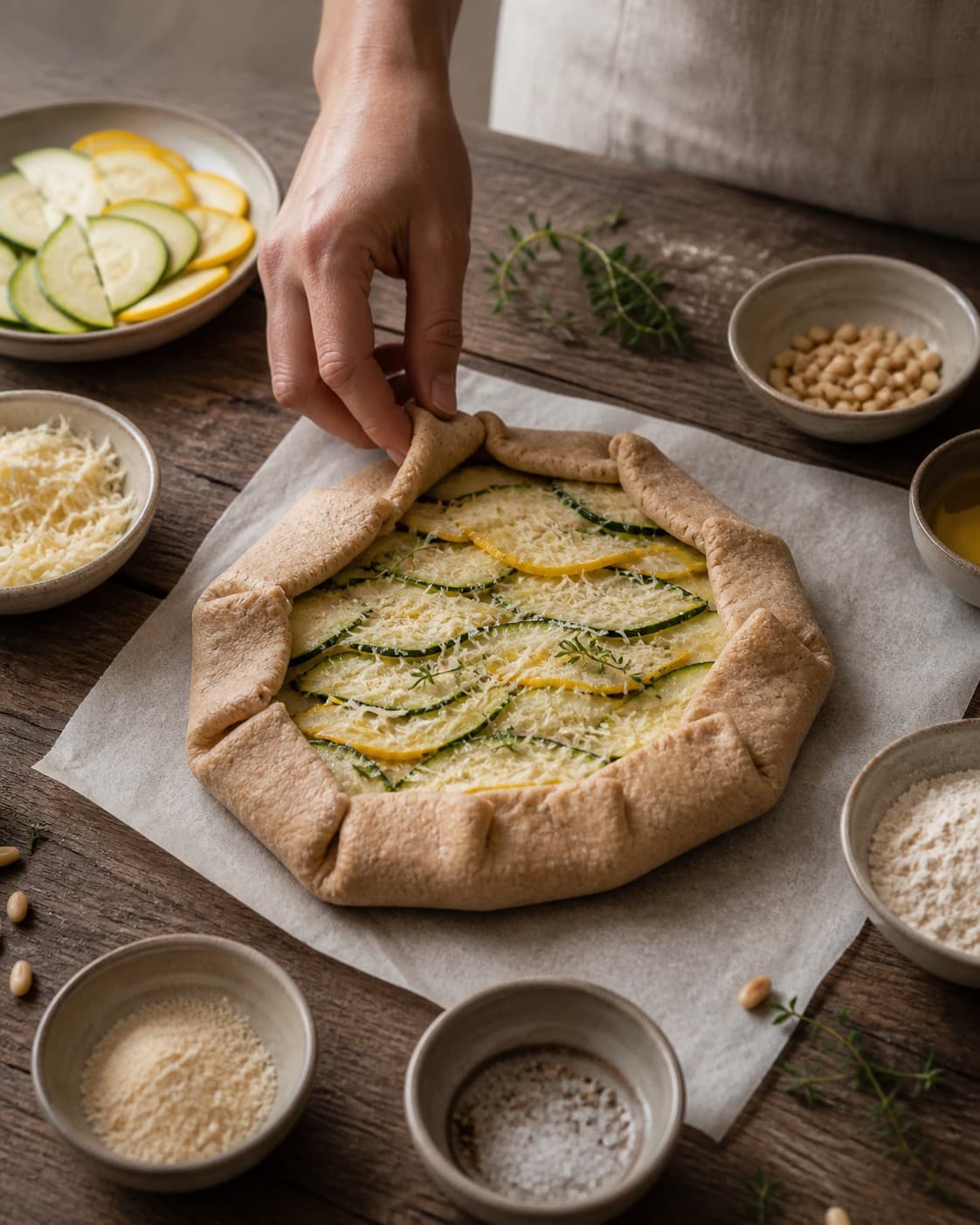 Afvejede råvarer til squashgaletten ligger adskilt i små skåle under tilberedningen af squashgalette med rug, parmesan og pinjekerner