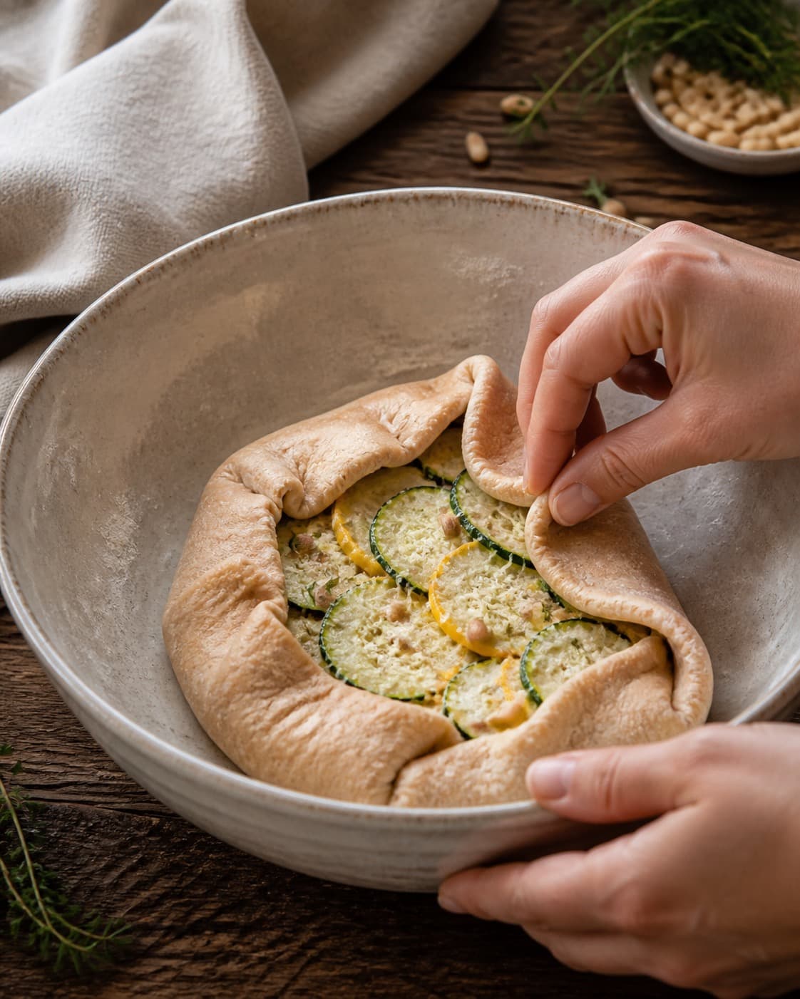rug-smørdejen samles nænsomt til squashgaletten i en røreskål under tilberedningen af squashgalette med rug, parmesan og pinjekerner