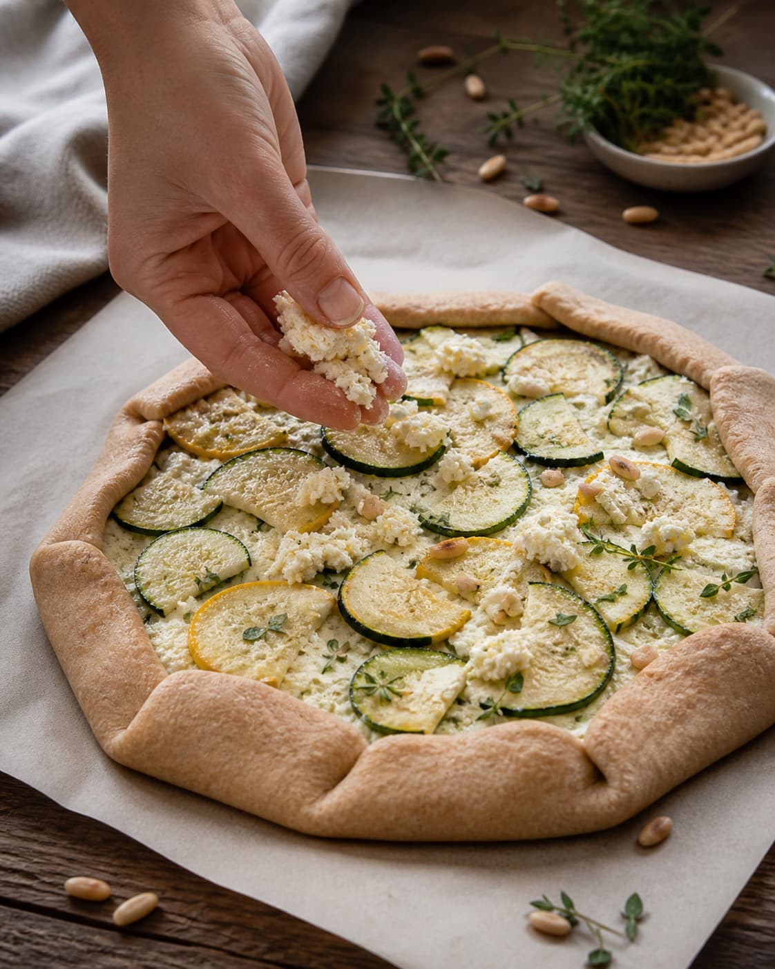 citronricotta og tørrede squashskiver fordeles jævnt i den ubagte squashgaletten under tilberedningen af squashgalette med rug, parmesan og pinjekerner