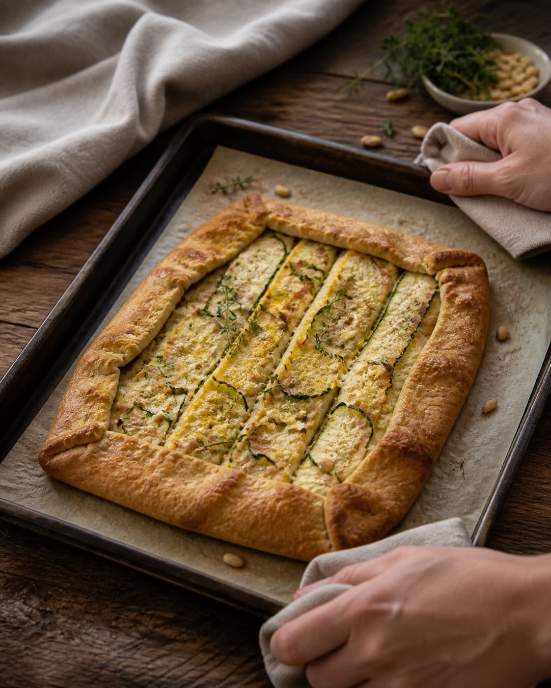 squashgaletten bager gylden i formen med synlig fast midte under tilberedningen af squashgalette med rug, parmesan og pinjekerner