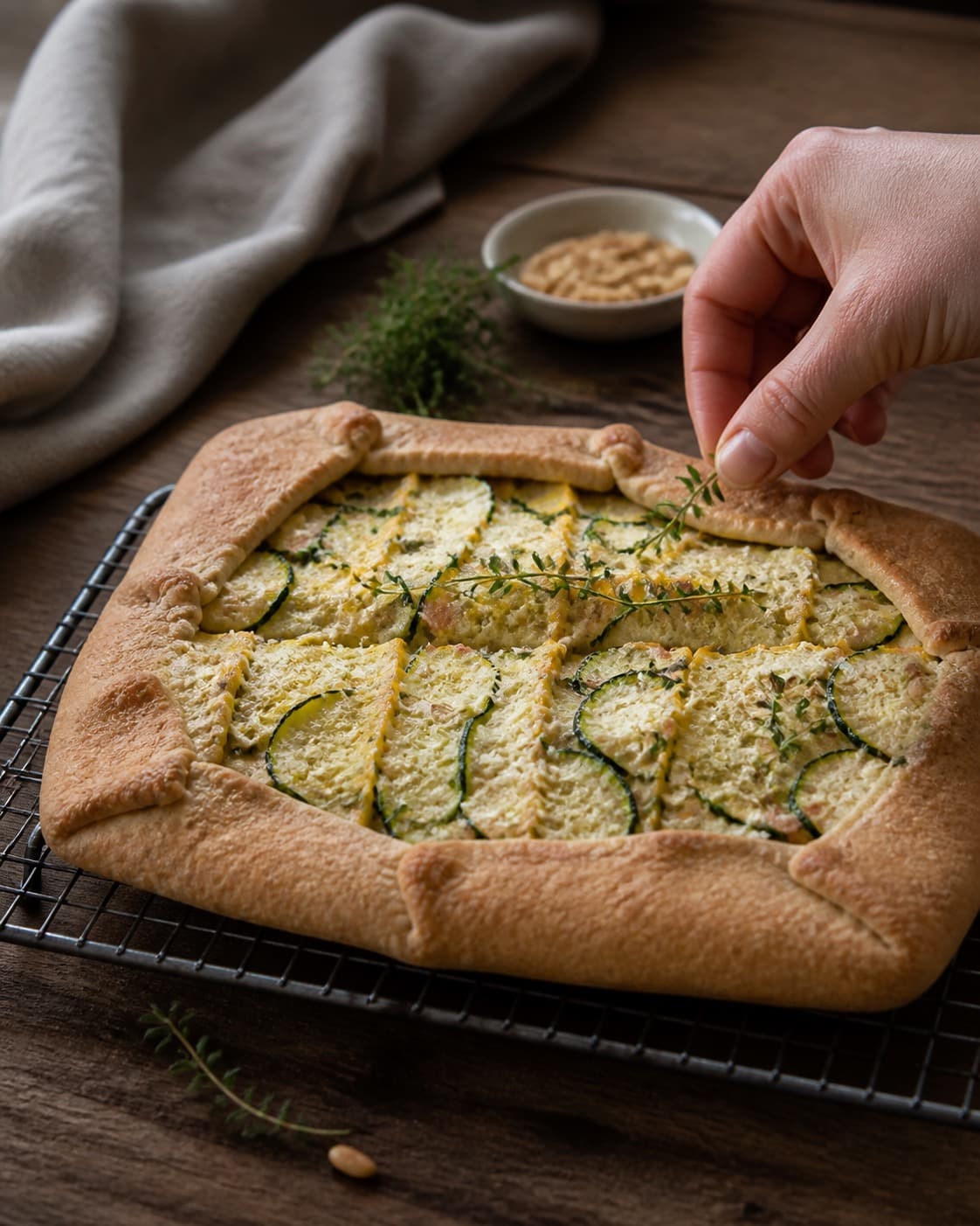 squashgaletten hviler på rist før ristede pinjekerner og timian tilføjes under tilberedningen af squashgalette med rug, parmesan og pinjekerner
