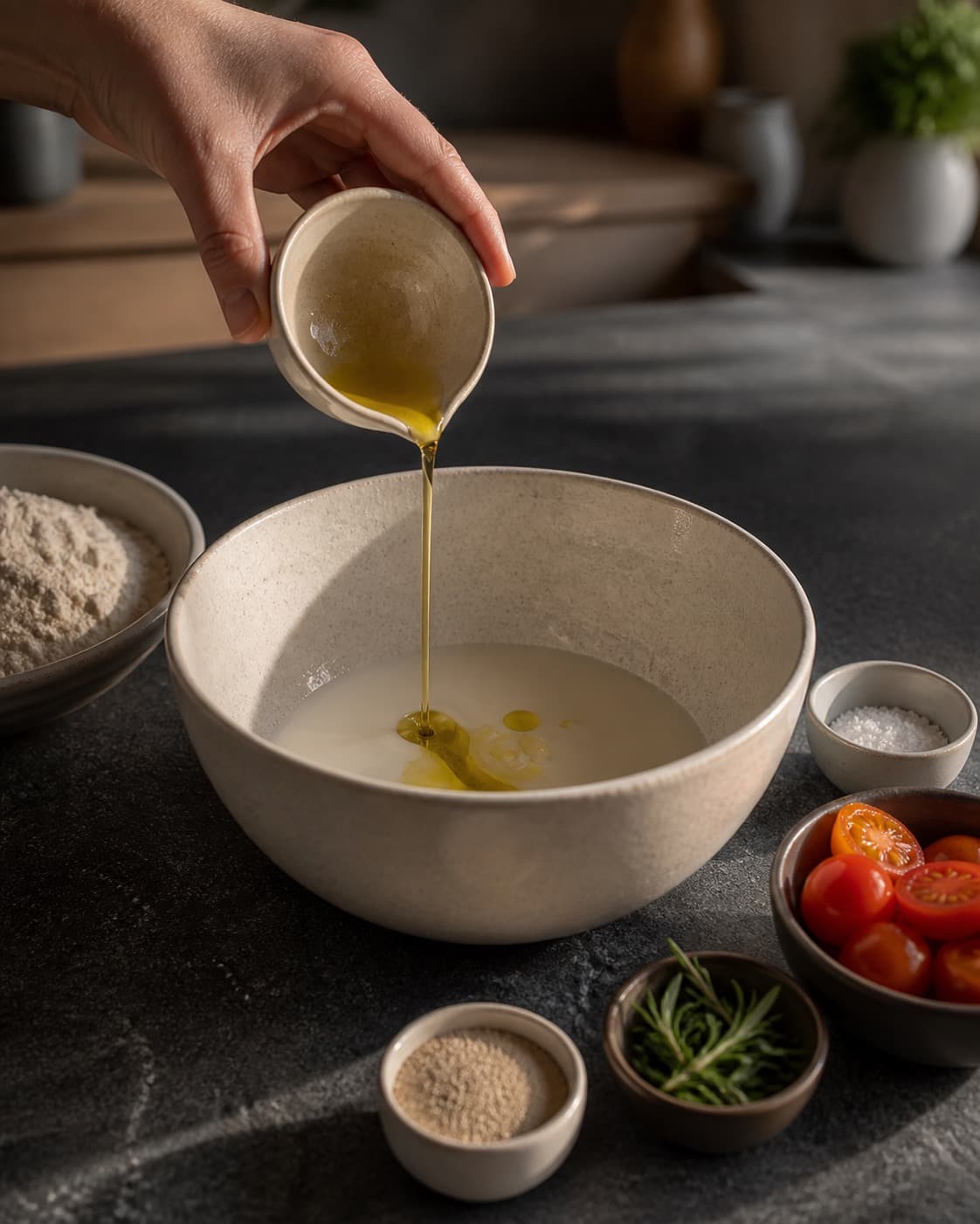 Afvejede råvarer til focacciaen ligger adskilt i små skåle under tilberedningen af focaccia med tomater, rosmarin og semolina
