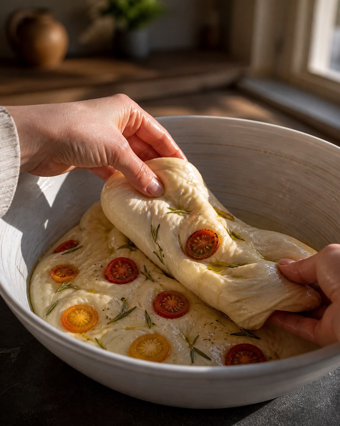 den våde foldede gærdej samles nænsomt til focacciaen i en røreskål under tilberedningen af focaccia med tomater, rosmarin og semolina