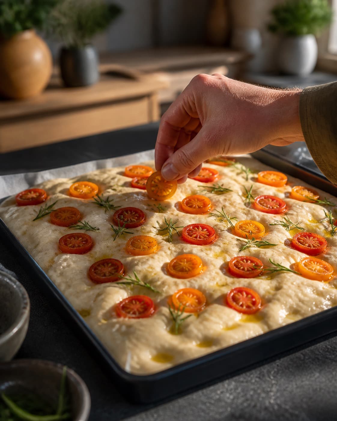 tomater, rosmarin og olivenolie fordeles jævnt i den ubagte focacciaen under tilberedningen af focaccia med tomater, rosmarin og semolina