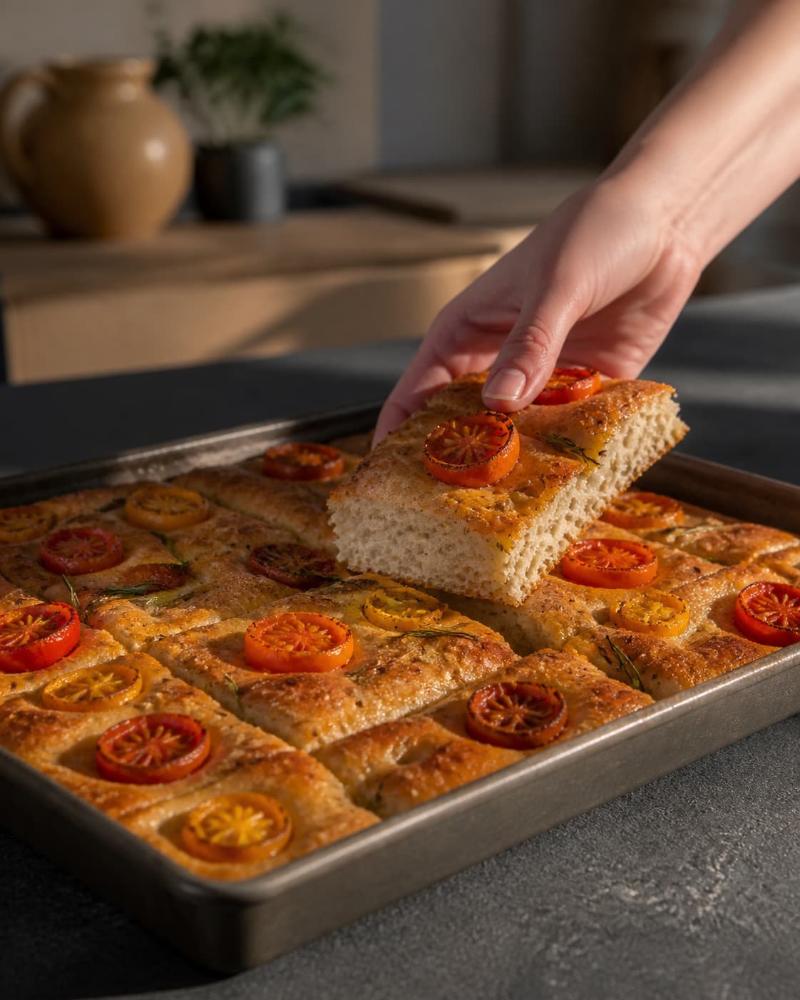 focacciaen bager gylden i formen med synlig fast midte under tilberedningen af focaccia med tomater, rosmarin og semolina