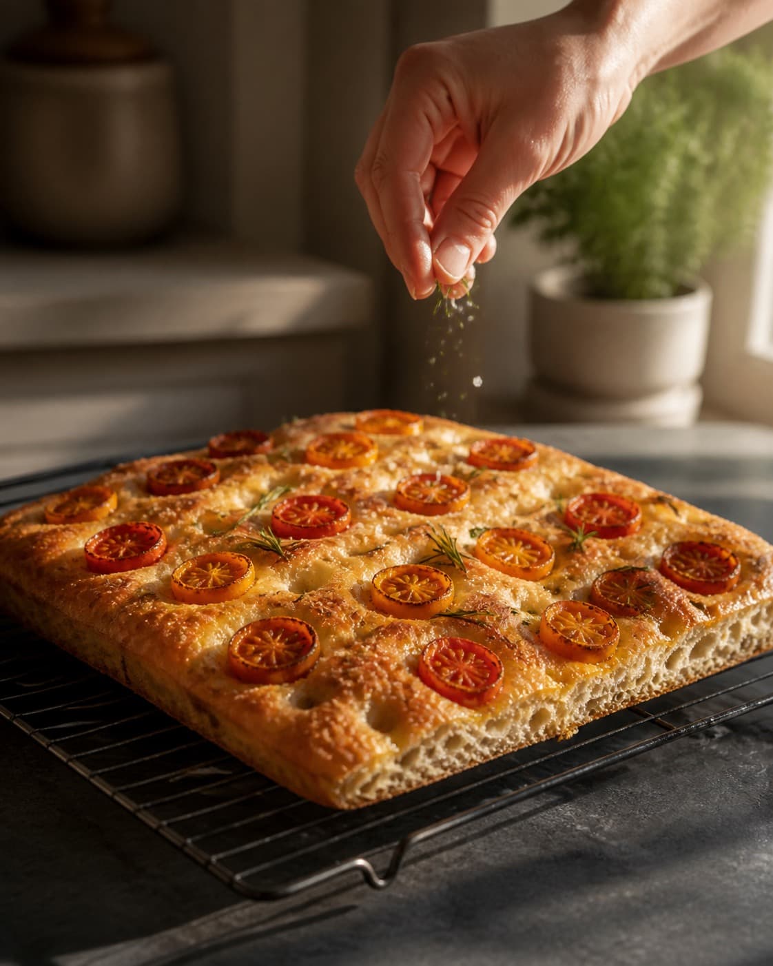 focacciaen hviler på rist før flagesalt og ekstra rosmarin tilføjes under tilberedningen af focaccia med tomater, rosmarin og semolina