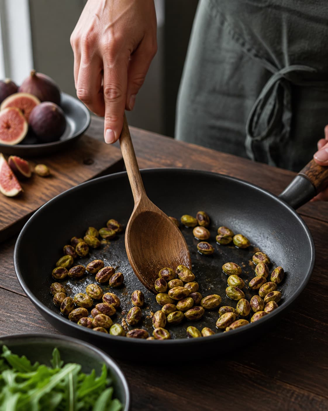 Sprødt tilbehør ristes gyldent til figensalaten under tilberedningen af figensalat med burrata, parmaskinke og pistacie