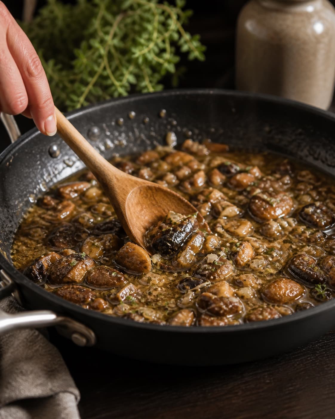 den brunede svampe-selleriragout bygges i en bred pande med blank smagsbase under tilberedningen af pappardelle med svamperagout, selleri og timian