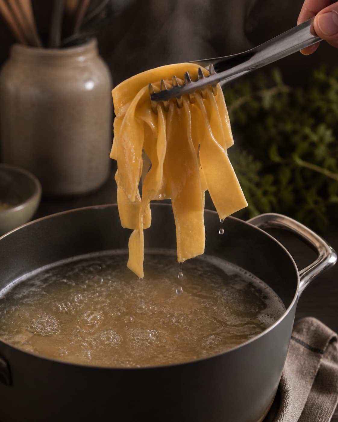 Pasta løftes fra boblende vand med tydelig fast kerne under tilberedningen af pappardelle med svamperagout, selleri og timian