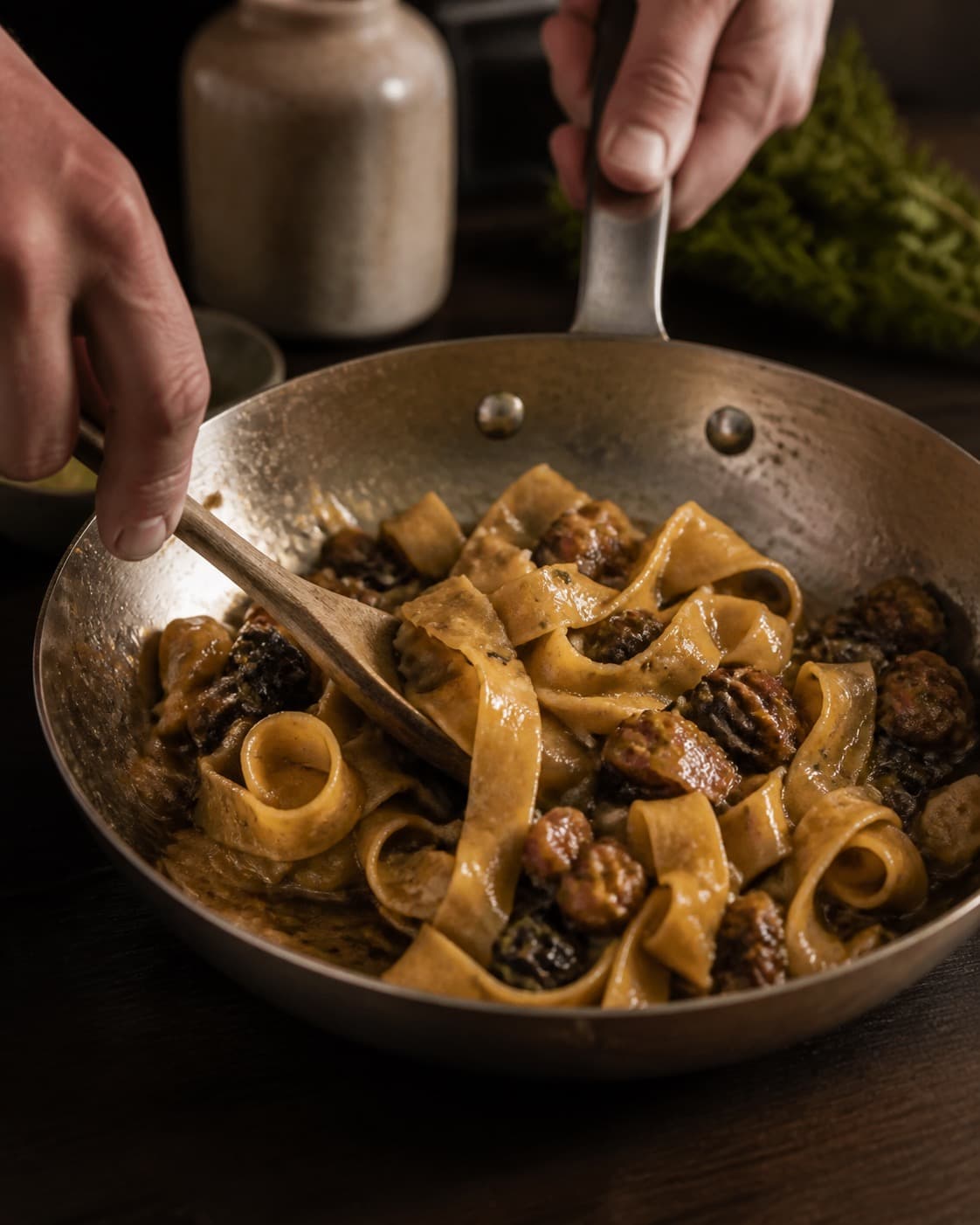 Pasta svinges blank med den brunede svampe-selleriragout og en smule pastavand under tilberedningen af pappardelle med svamperagout, selleri og timian