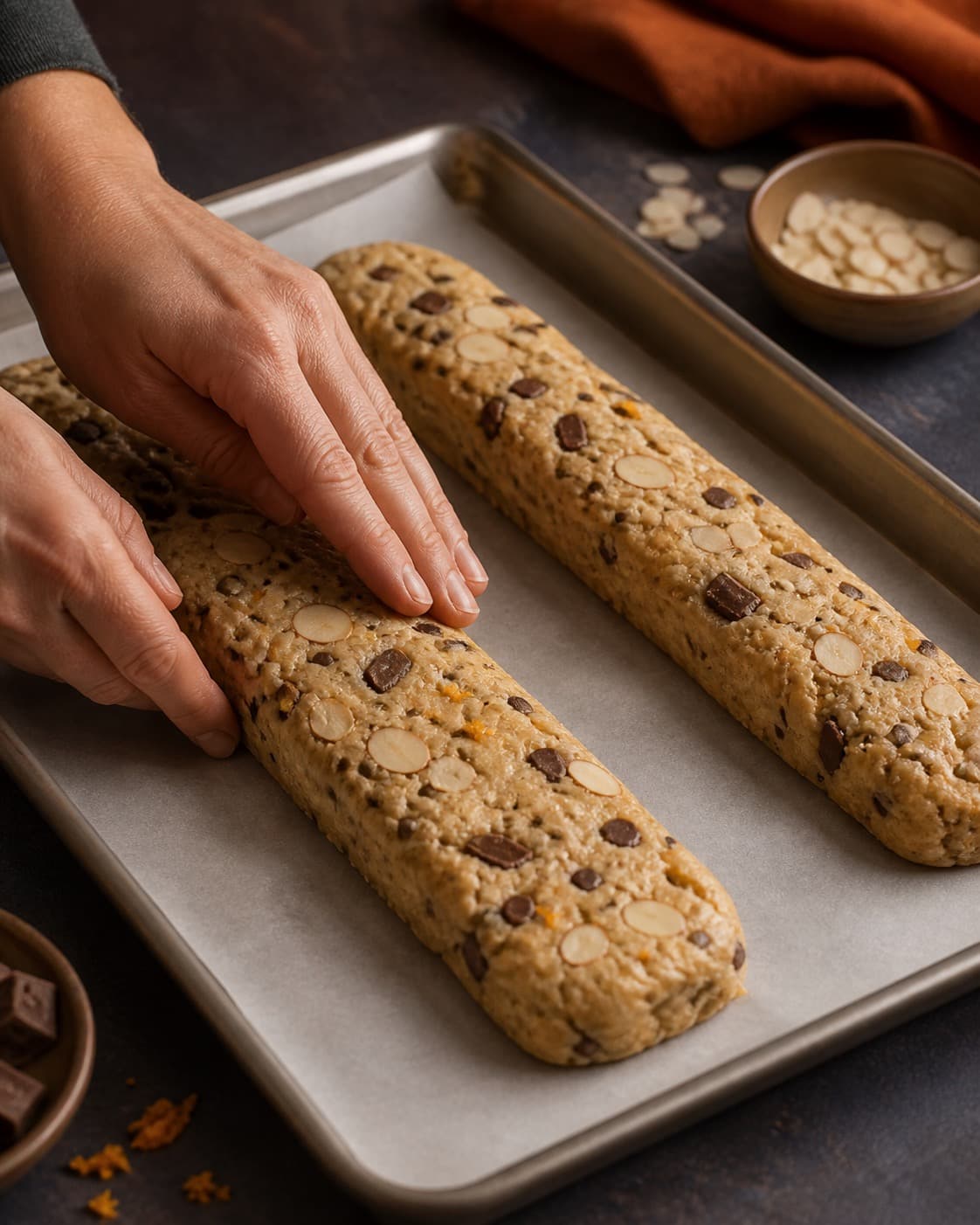 mandler, chokolade og appelsinfennikel fordeles jævnt i den ubagte biscottistængerne under tilberedningen af biscotti med mandel, chokolade og appelsinfennikel