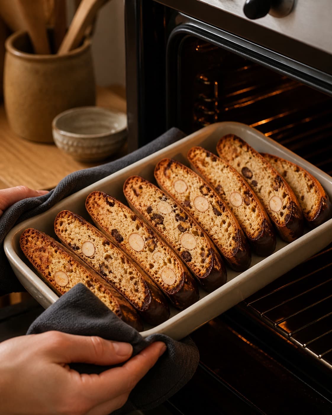 biscottistængerne bager gylden i formen med synlig fast midte under tilberedningen af biscotti med mandel, chokolade og appelsinfennikel