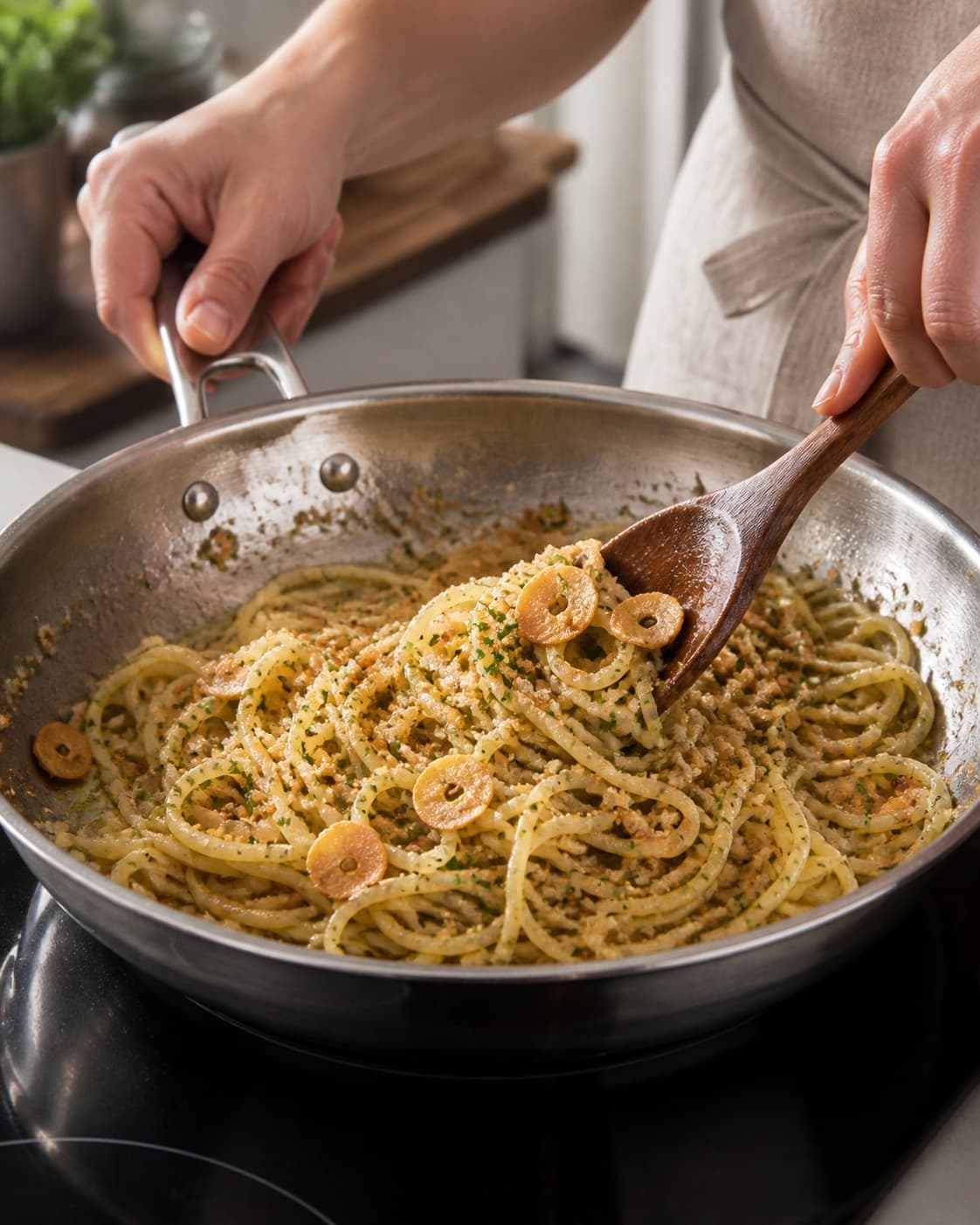 hvidløgs-citronolien med rugkrummer bygges i en bred pande med blank smagsbase under tilberedningen af spaghetti aglio e olio med ristet hvidløg og citron