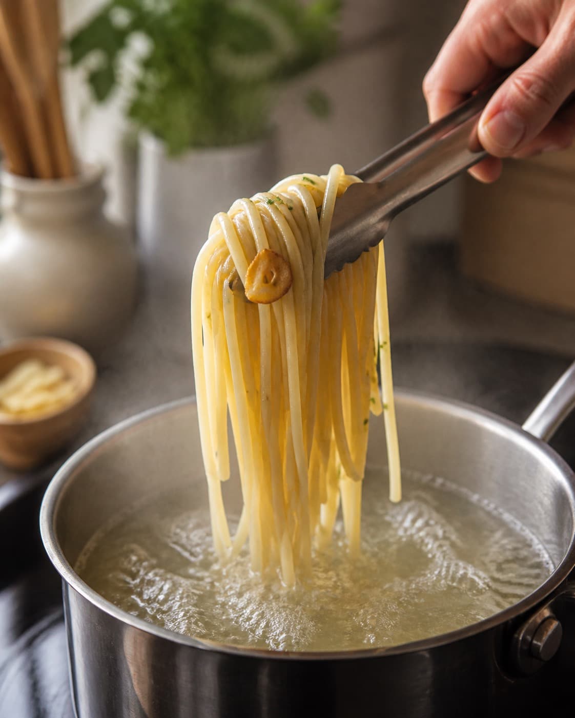 Pasta løftes fra boblende vand med tydelig fast kerne under tilberedningen af spaghetti aglio e olio med ristet hvidløg og citron