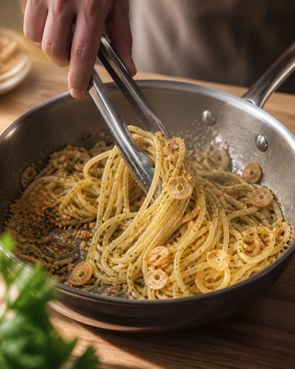 Pasta svinges blank med hvidløgs-citronolien med rugkrummer og en smule pastavand under tilberedningen af spaghetti aglio e olio med ristet hvidløg og citron