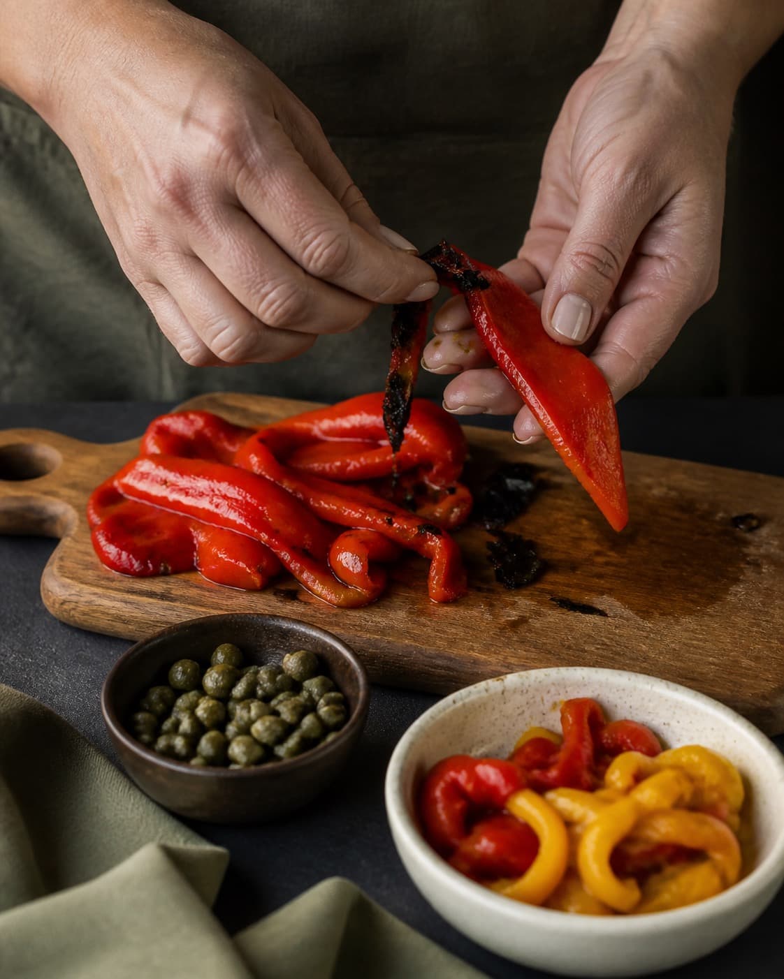 afskallede peberfrugtstrimler og kapers klargøres ensartet til de grillede peberfrugter under tilberedningen af grillede peberfrugter med ricotta og pistacie