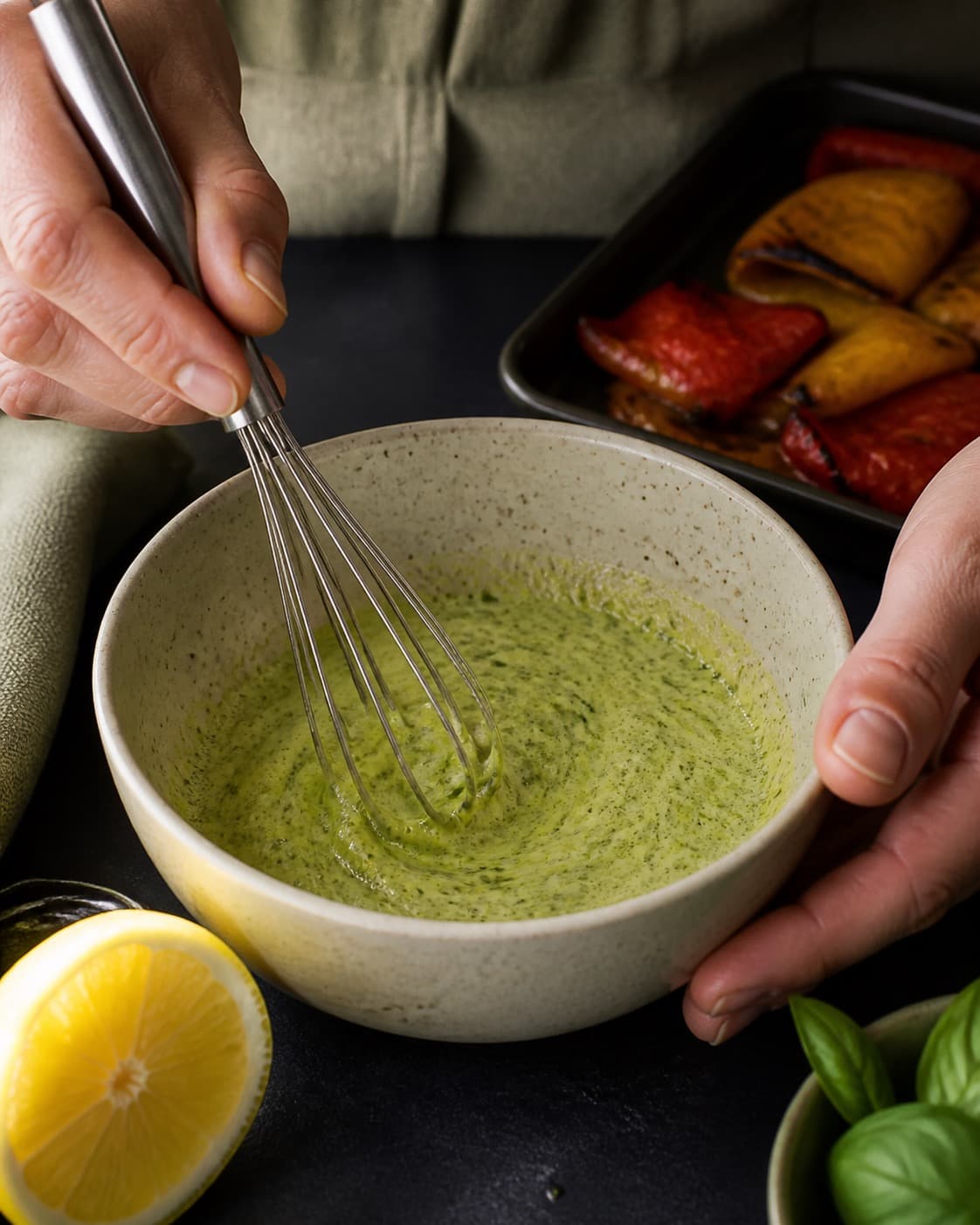 basilikum-citronolien piskes blank i en lille skål under tilberedningen af grillede peberfrugter med ricotta og pistacie