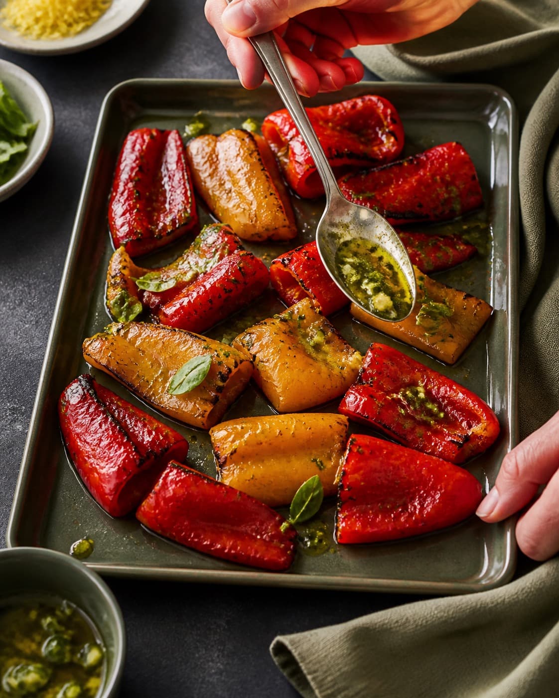 de grillede peberfrugter vendes nænsomt med basilikum-citronolien under tilberedningen af grillede peberfrugter med ricotta og pistacie