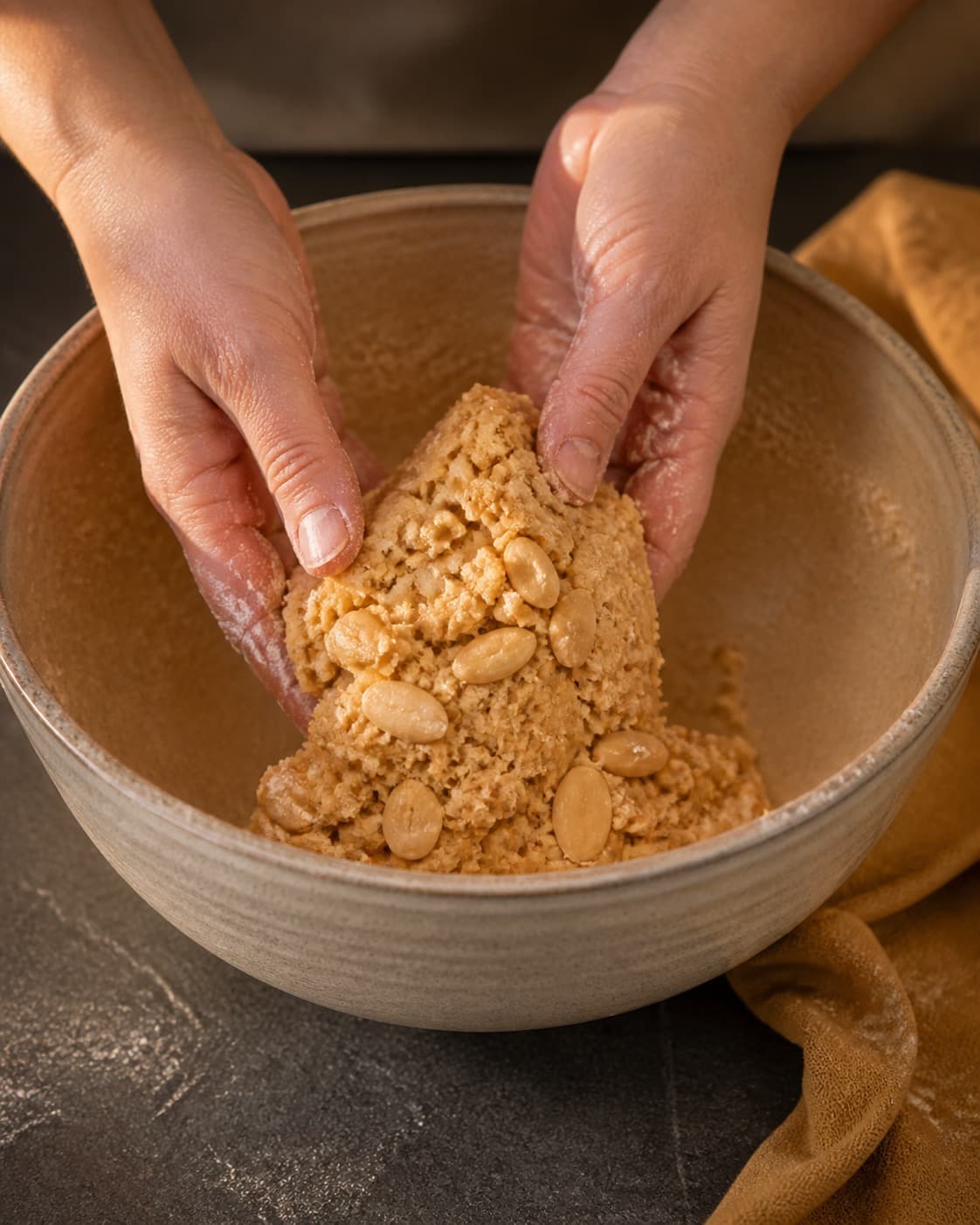 den honningsødede æggedej samles nænsomt til cantuccinistængerne i en røreskål under tilberedningen af cantuccini med mandel, honning og citron