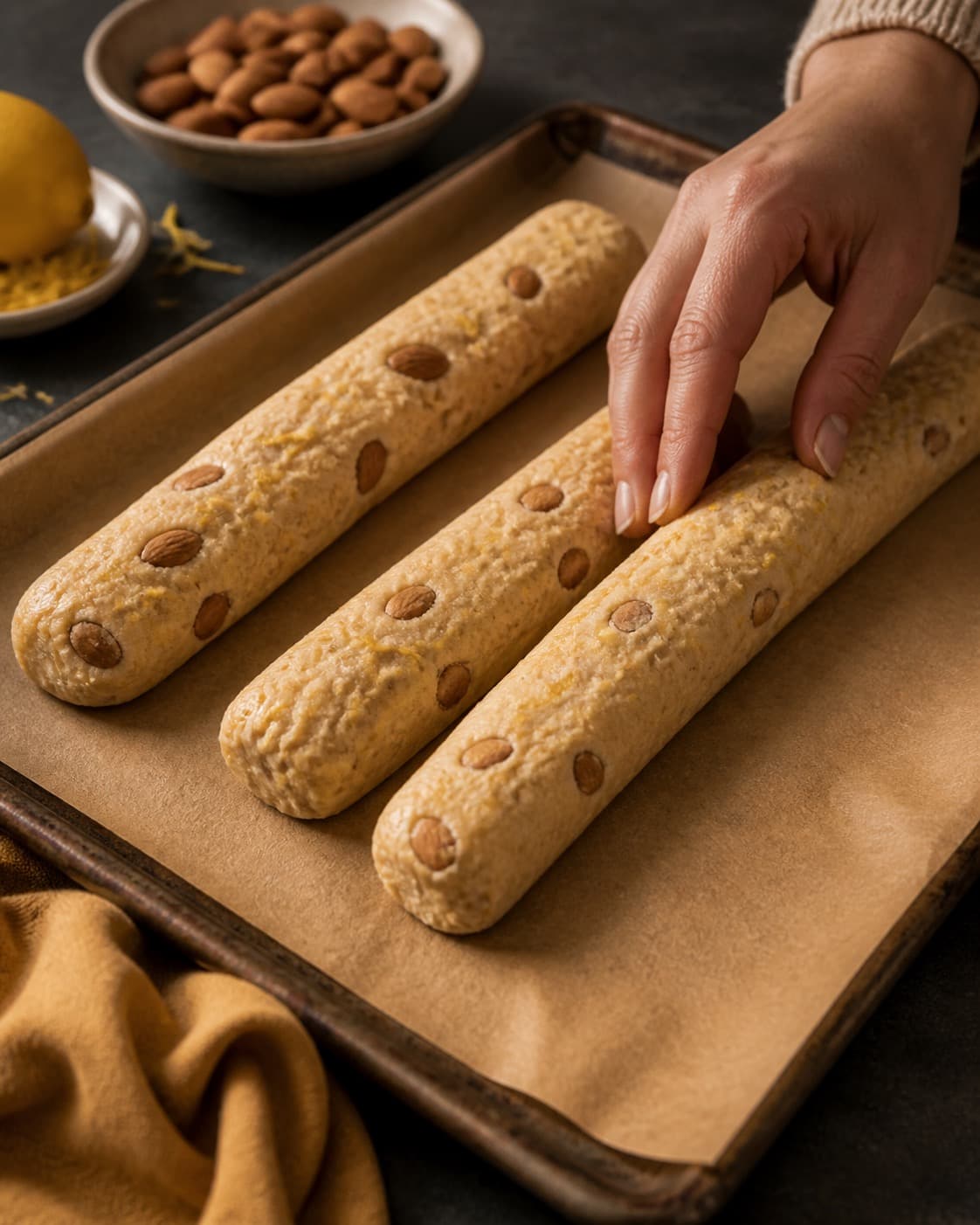 hele mandler og citronskal fordeles jævnt i den ubagte cantuccinistængerne under tilberedningen af cantuccini med mandel, honning og citron