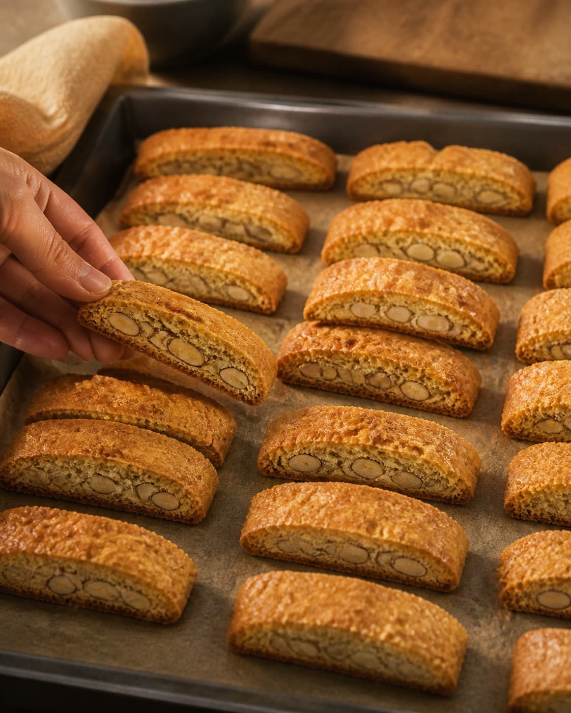 cantuccinistængerne bager gylden i formen med synlig fast midte under tilberedningen af cantuccini med mandel, honning og citron