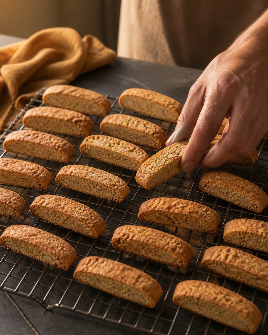 cantuccinistængerne hviler på rist før en sidste tør dobbeltbagning tilføjes under tilberedningen af cantuccini med mandel, honning og citron