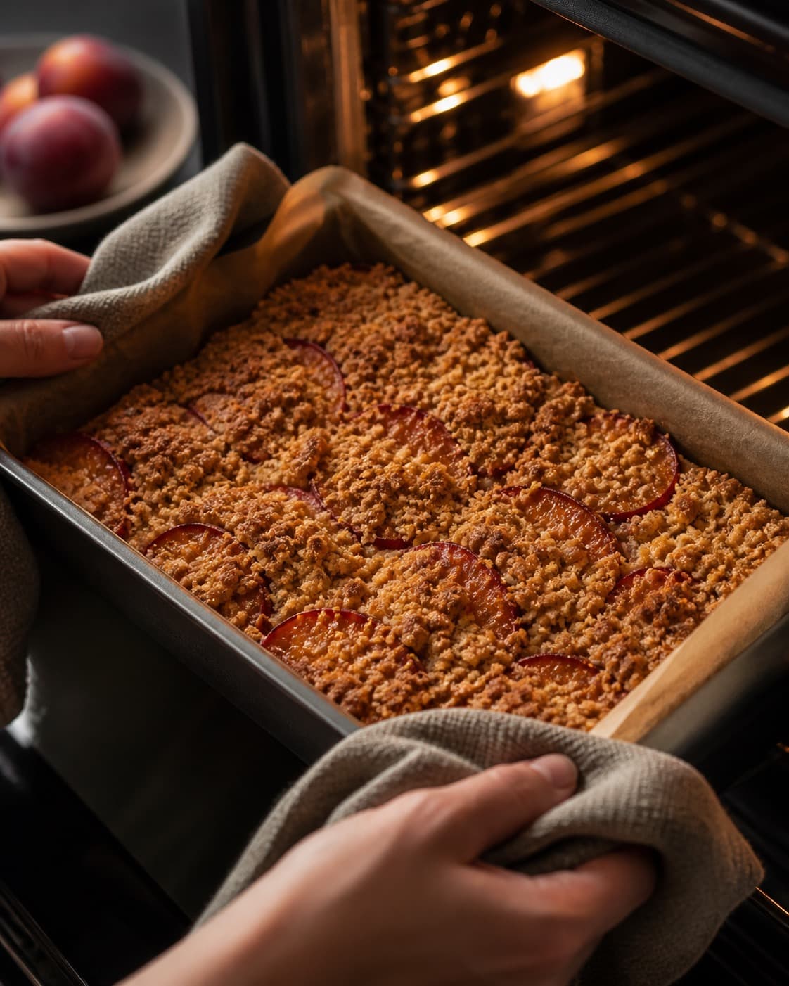 blommekagen bager gylden i formen med synlig fast midte under tilberedningen af blommekage med marcipan, rugcrumble og kardemomme