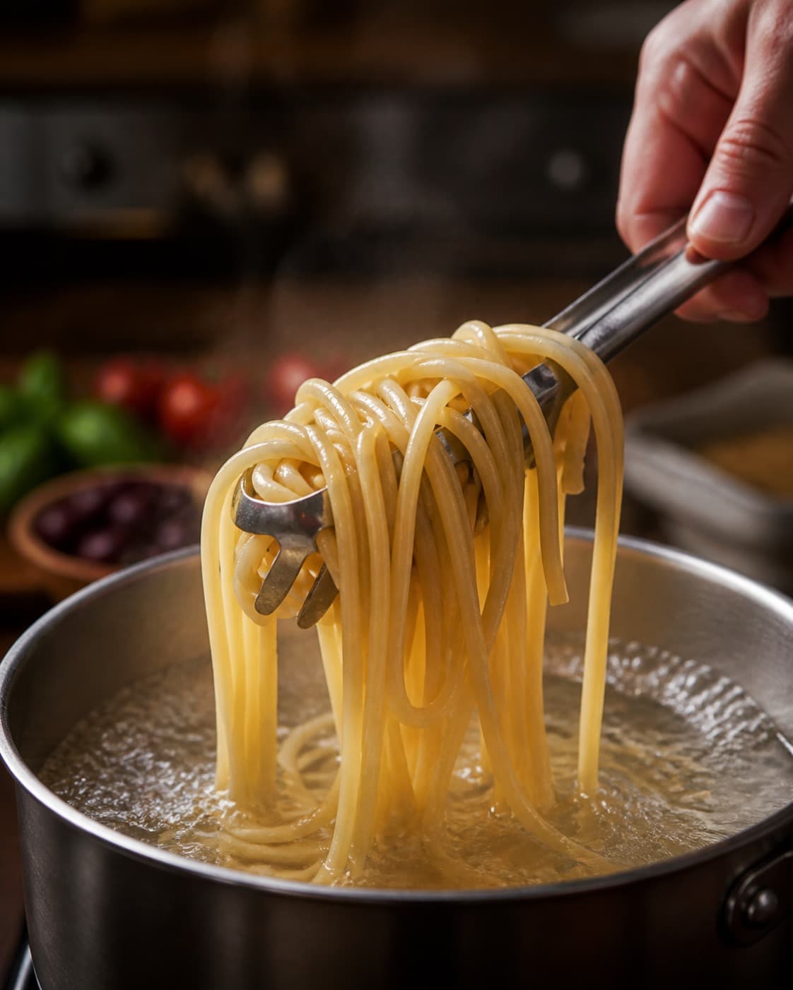 Pasta løftes fra boblende vand med tydelig fast kerne under tilberedningen af spaghetti puttanesca med ovntomat og sprøde kapers
