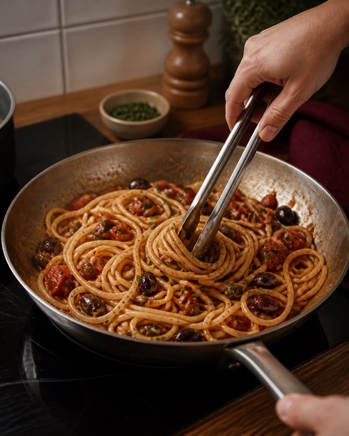 spaghetti puttanesca justeres cremet væk fra hård varme under tilberedningen af spaghetti puttanesca med ovntomat og sprøde kapers
