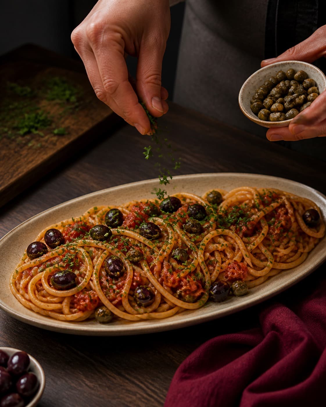 spaghetti puttanesca får persille og sprøde kapers lige før servering under tilberedningen af spaghetti puttanesca med ovntomat og sprøde kapers