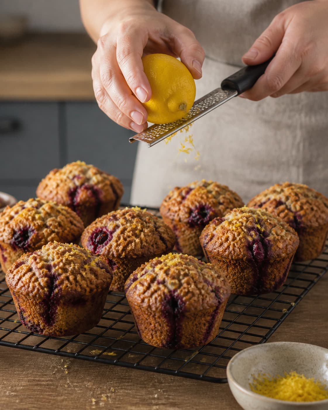 brombærmuffinsene hviler på rist før havrecrumble og frisk citronskal tilføjes under tilberedningen af brombærmuffins med citron, hvid chokolade og crumble