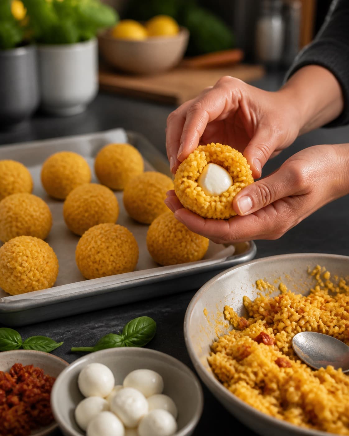 den kolde safranrisotto med mozzarellakerne deles i ens tørre portioner til arancini under tilberedningen af arancini med tomat, mozzarella og ricottacreme