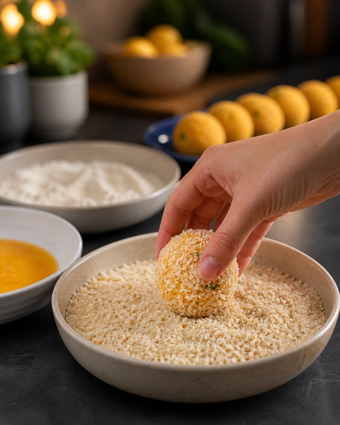den kolde safranrisotto med mozzarellakerne dækkes jævnt med mel, æg og panko under tilberedningen af arancini med tomat, mozzarella og ricottacreme