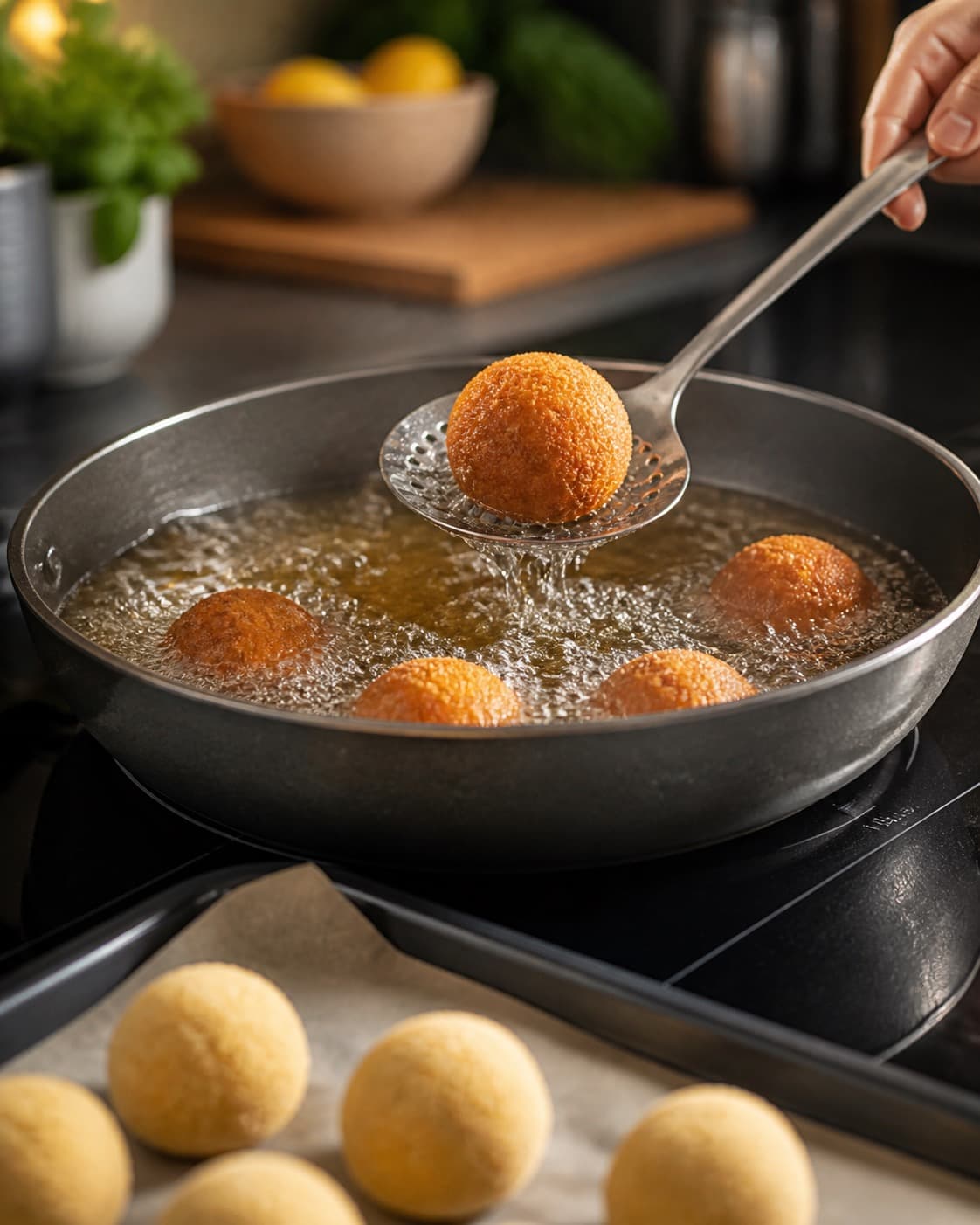 arancini tilberedes gyldent i små adskilte hold under tilberedningen af arancini med tomat, mozzarella og ricottacreme