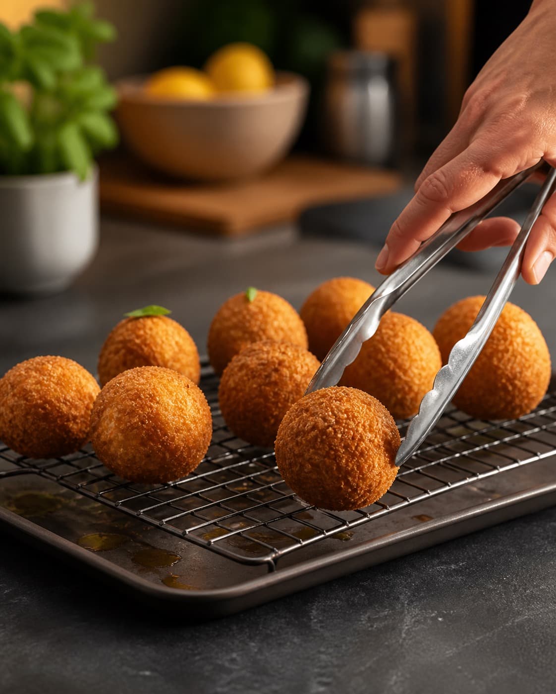 arancini drypper af i ét lag på en rist under tilberedningen af arancini med tomat, mozzarella og ricottacreme
