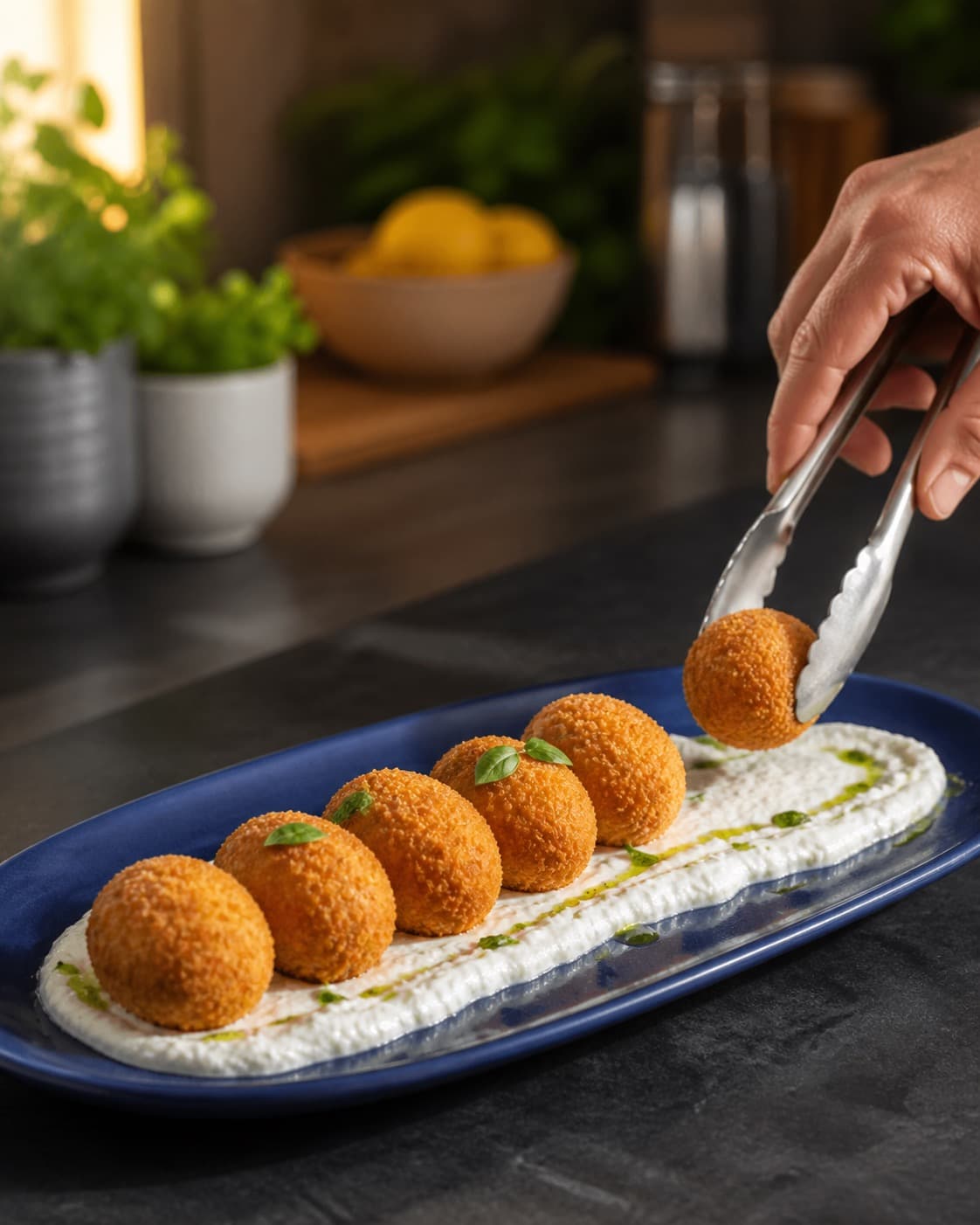 arancini serveres varmt ved siden af citronricottaen under tilberedningen af arancini med tomat, mozzarella og ricottacreme