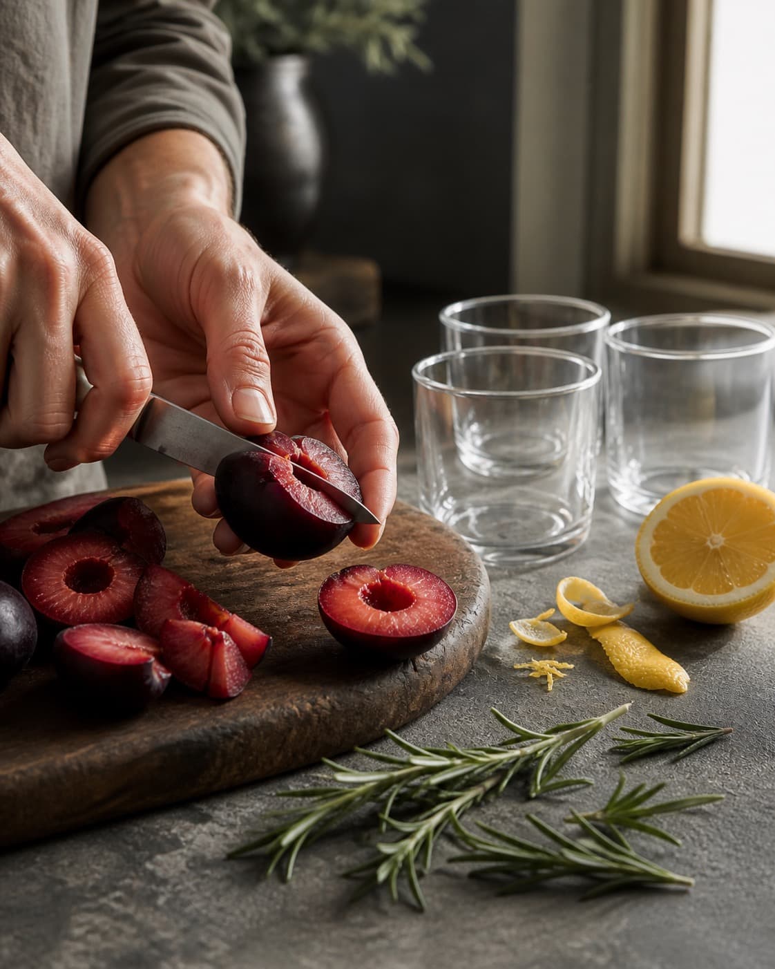 blommer, citron og rosmarin renses og trimmes ved siden af rene glas under tilberedningen af blommesirup med vanilje, rosmarin og citron