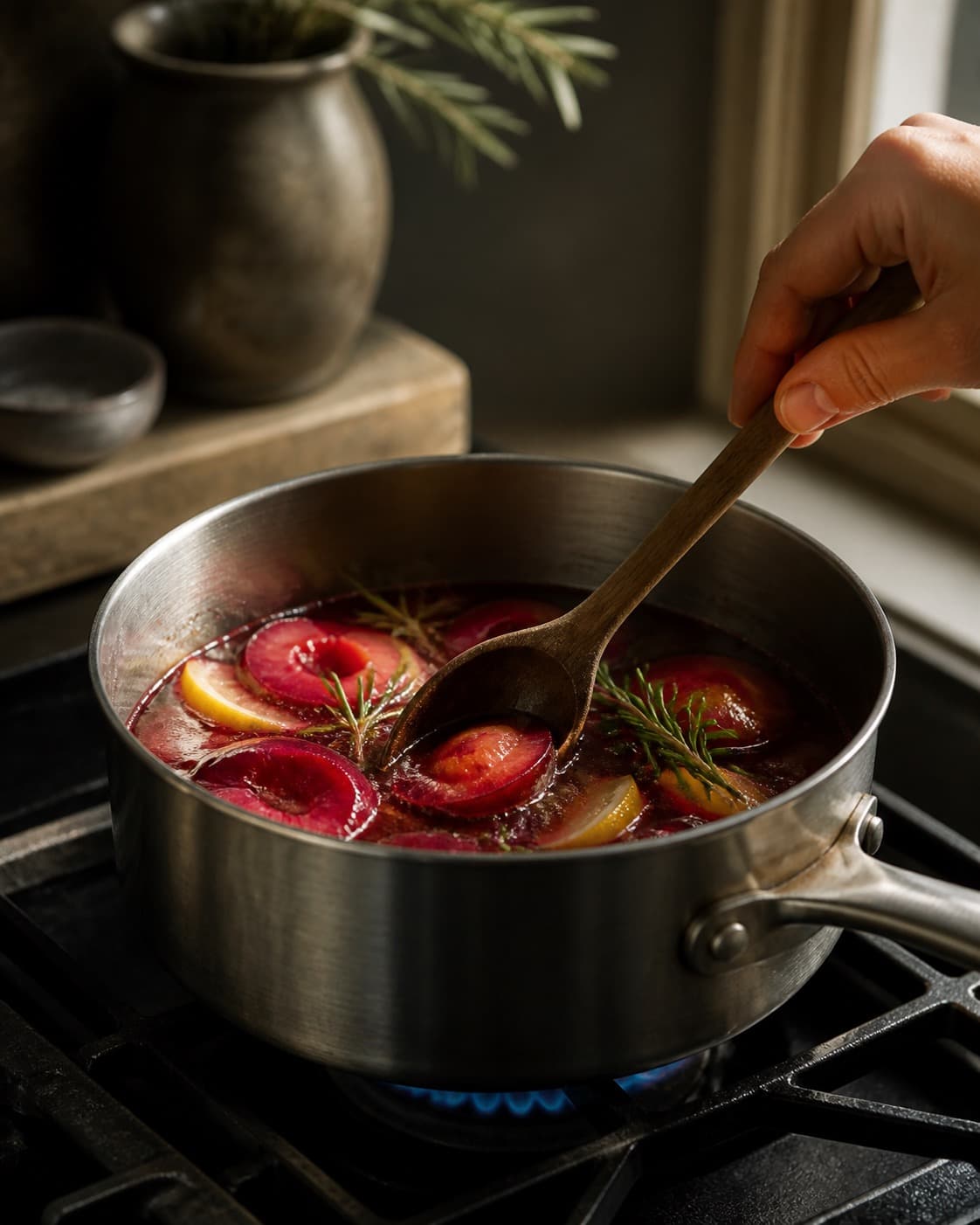blommer, citron og rosmarin varmes nænsomt i den klare lage under tilberedningen af blommesirup med vanilje, rosmarin og citron