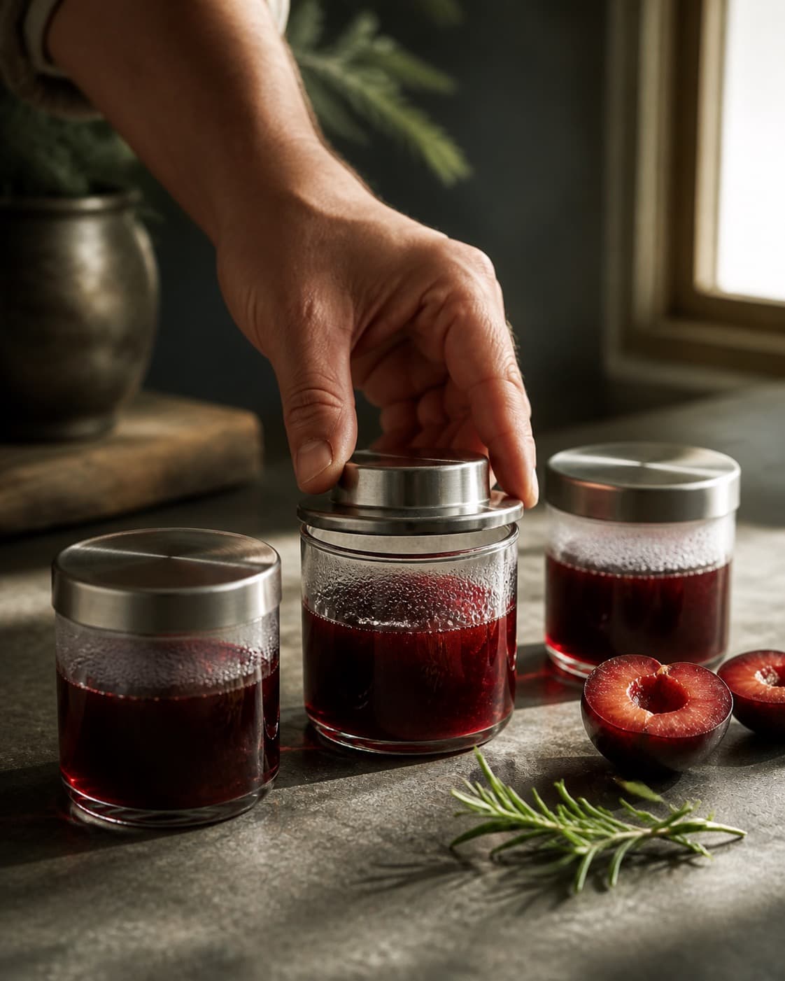blommesiruppen står lukket og tydeligt kold efter påfyldning under tilberedningen af blommesirup med vanilje, rosmarin og citron