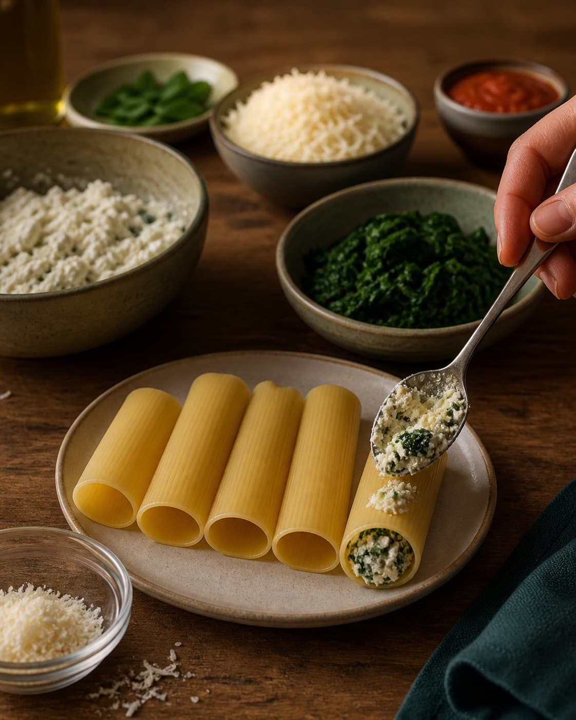 Afvejede råvarer til cannellonierne ligger adskilt i små skåle under tilberedningen af cannelloni med spinat, ricotta og ristet peberfrugtsauce